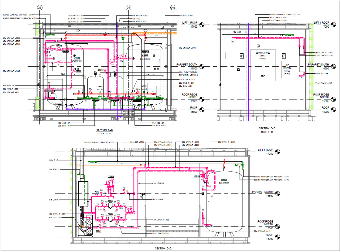 Techniczny rysunek instalacji grzewczej i wentylacyjnej z widokiem przekrojów, zawierający schematy rurociągów, zbiorników, zaworów i paneli sterowania, z opisami technicznymi i wymiarami.