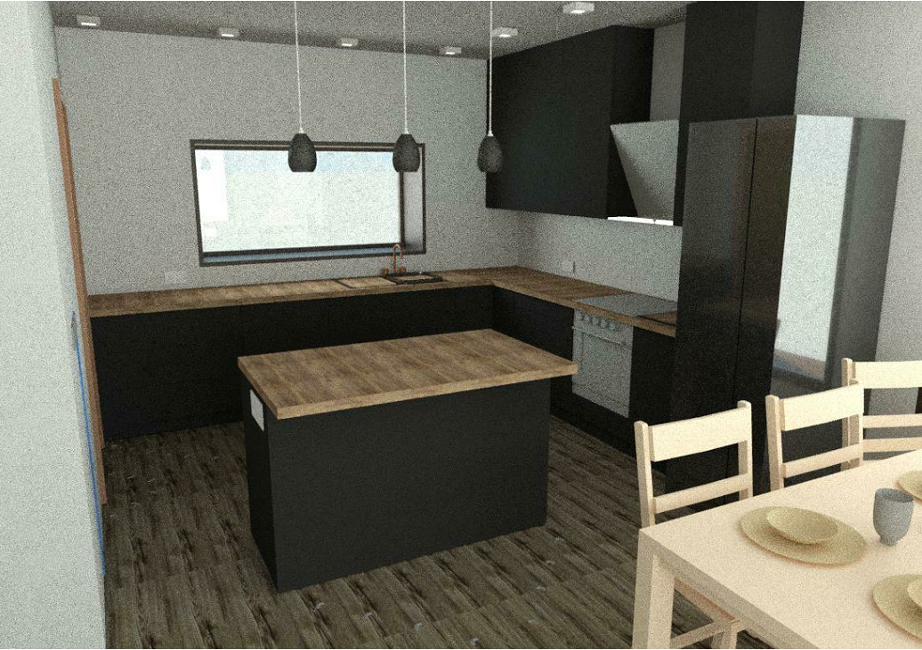 Wizualizacja kuchni z czarnymi szafkami i drewnianymi blatami, wyspa kuchenna z blatem o podobnym wykończeniu, nad wyspą trzy wiszące lampy, widoczny stół z krzesłami i nakryciem.