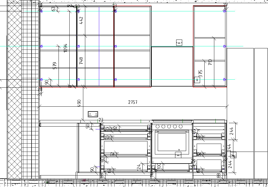 Rzut techniczny kuchni z wymiarami, widok z góry, prezentujący układ szafek i sprzętów kuchennych.