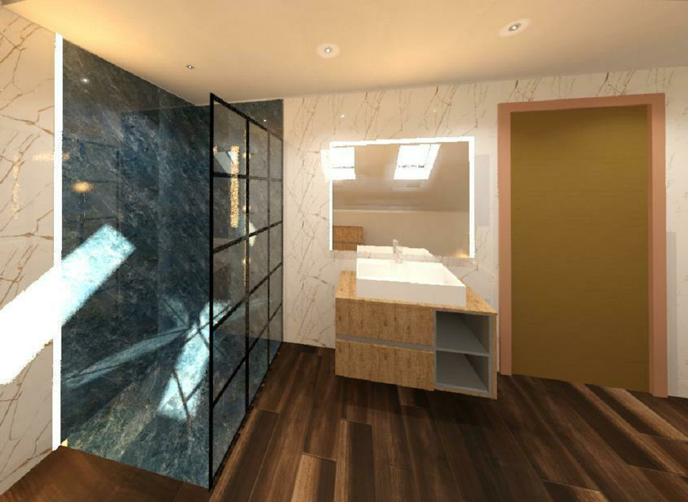 Wizualizacja łazienki z kabiną prysznicową z ciemnego marmuru i czarnymi szprosami, umywalką nablatową na szafce z drewnopodobnego materiału oraz lustrem z podświetleniem LED.