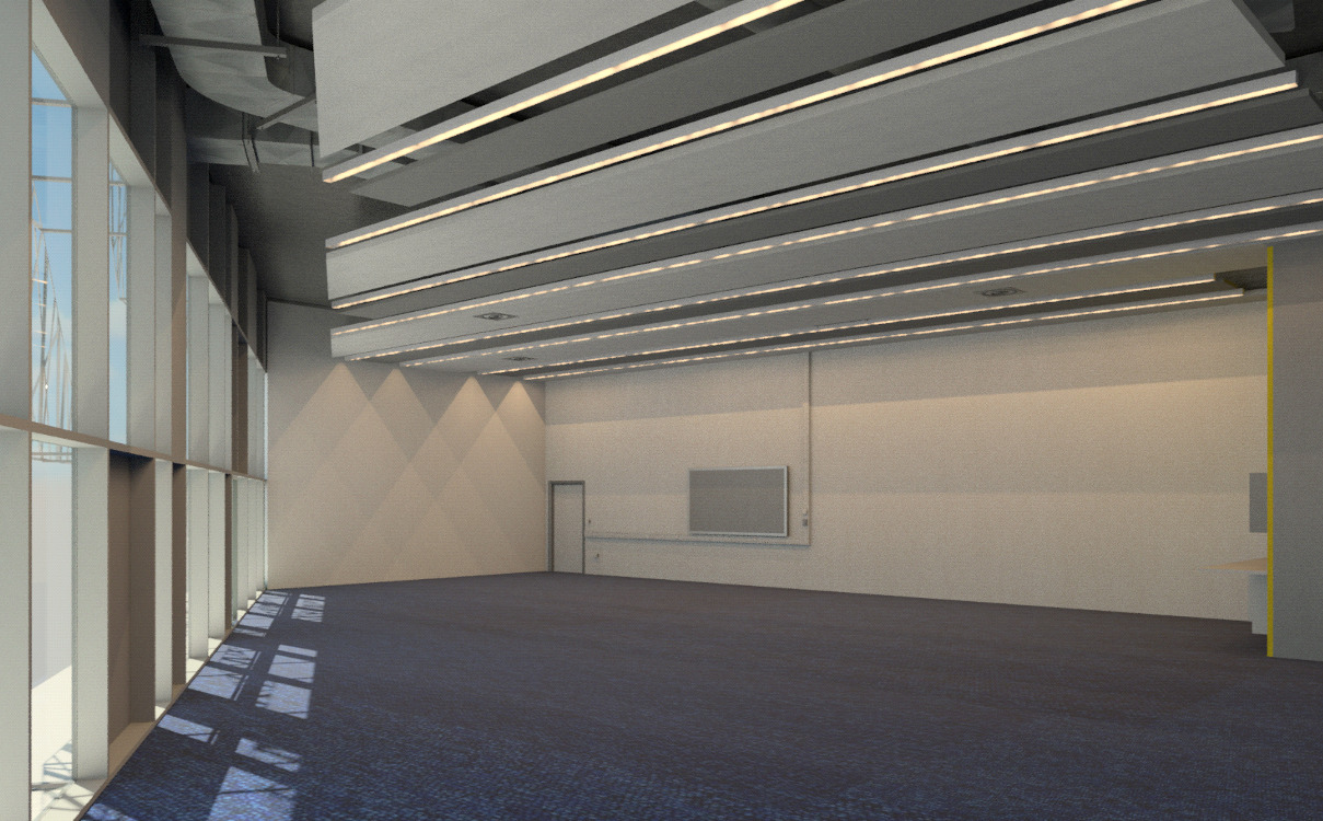 Przestronne, puste biuro z dużymi oknami i nowoczesnym oświetleniem sufitowym, widok na ścianę z drzwiami i tablicą.