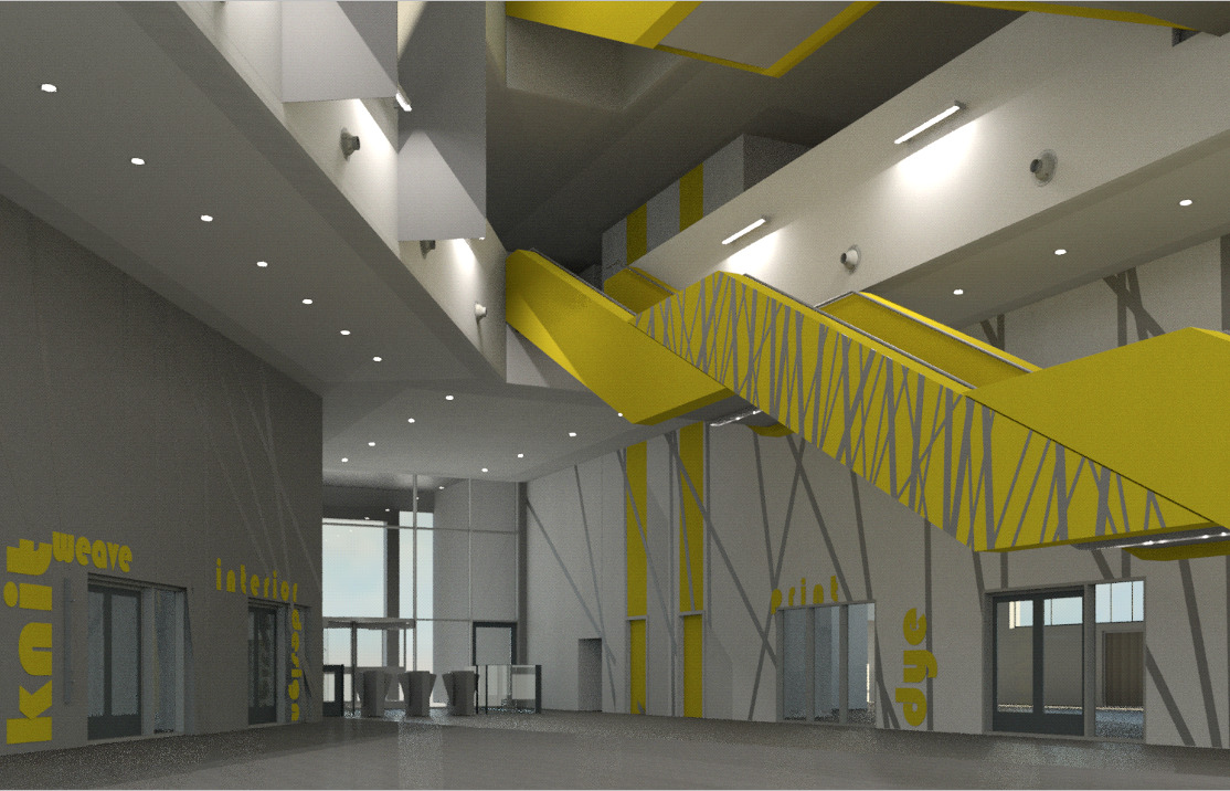 Wizualizacja wnętrza biura z elementami żółtej kolorystyki, widoczne schody ruchome, szklane drzwi i napisy na ścianach.