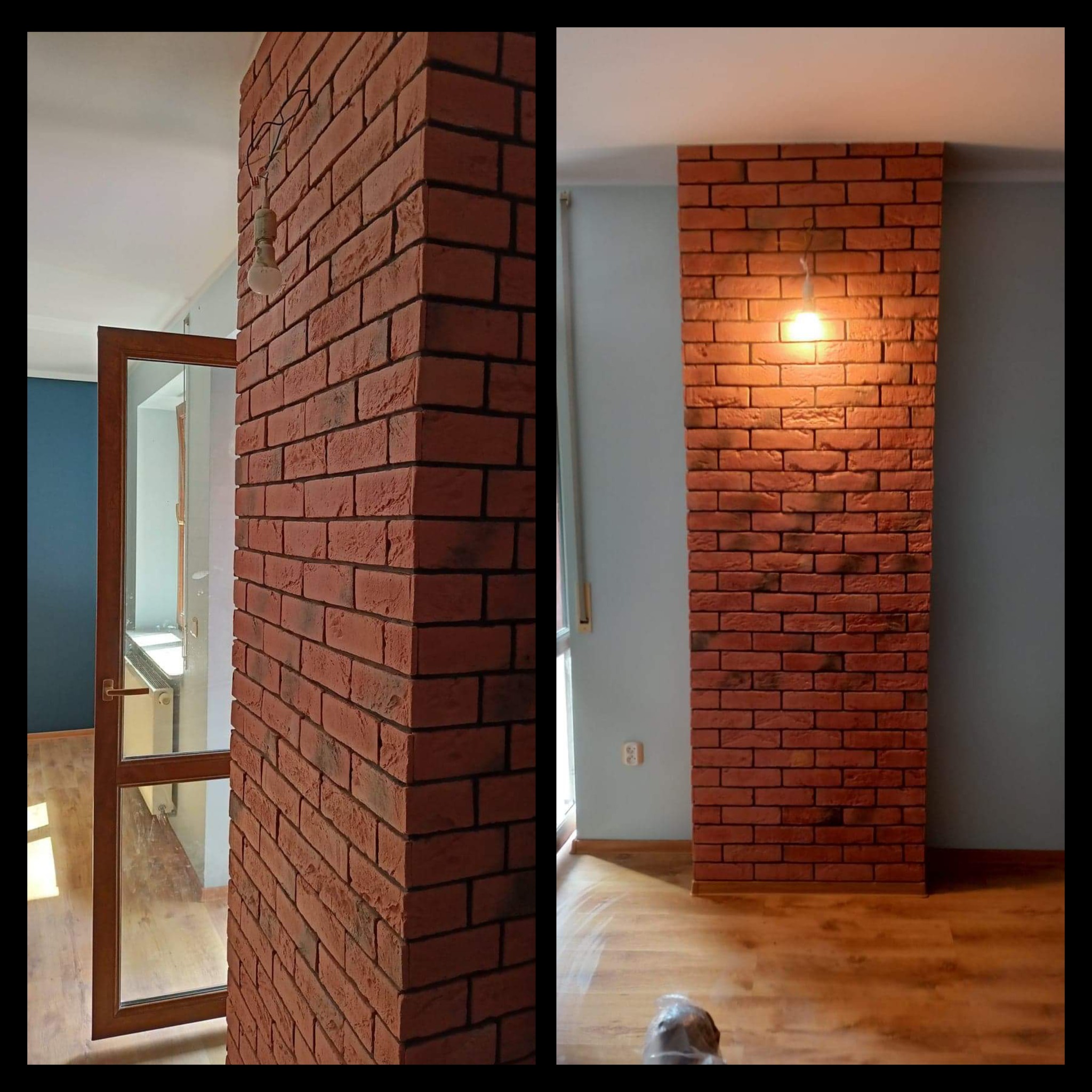 Ceglana kolumna w pokoju z widoczną drewnianą podłogą i otwartymi drzwiami do kolejnego pomieszczenia z niebieską ścianą; dodatkowa ceglana ściana z żarówką.