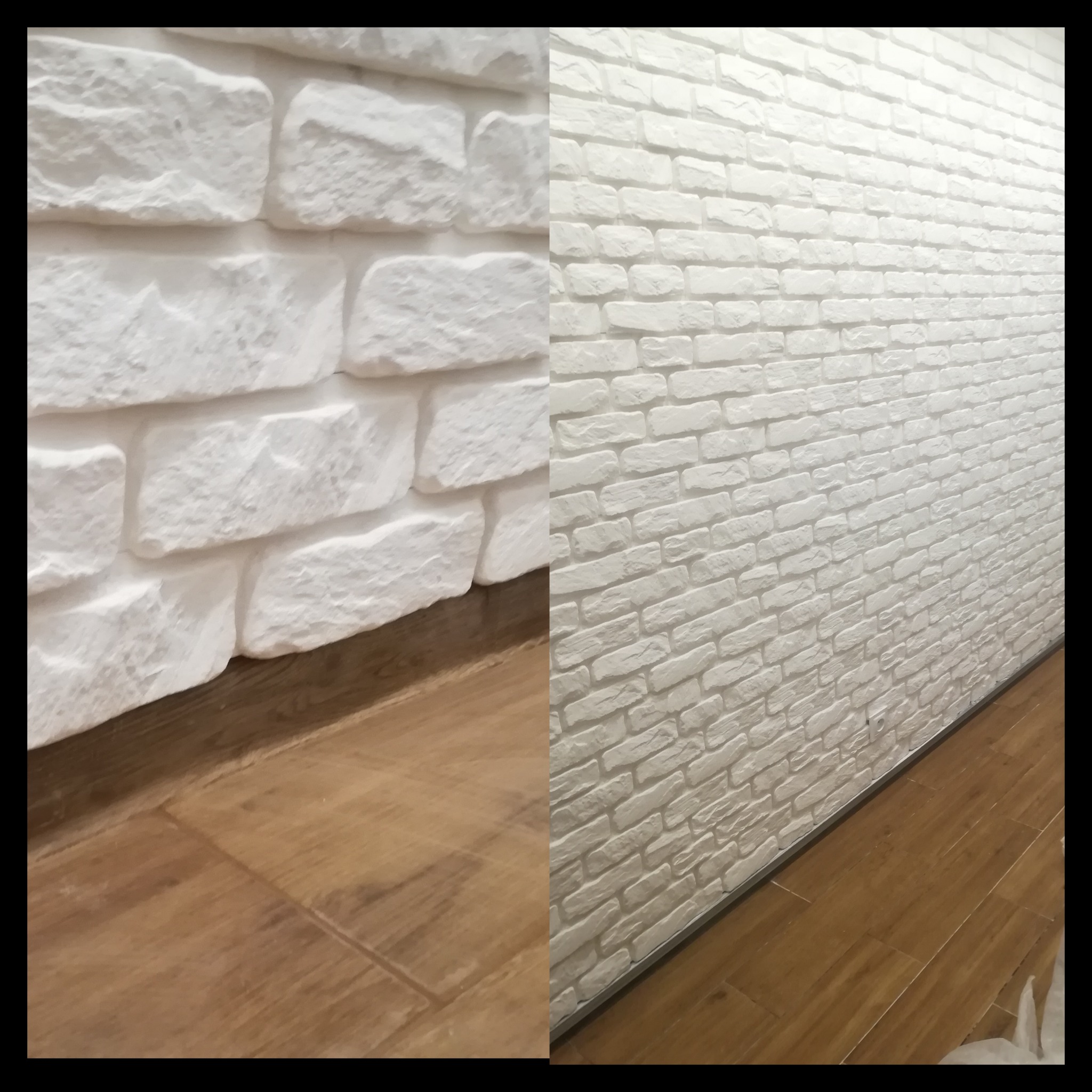 Fragment ściany wyłożonej dekoracyjną białą cegłą gipsową, z widocznym fragmentem drewnopodobnej podłogi oraz listwą przypodłogową w kolorze srebrnym.
