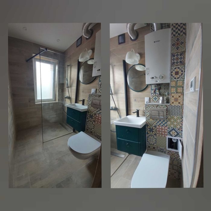 Dwie perspektywy wyremontowanej łazienki z kabiną prysznicową ze szklaną ścianką, wiszącą toaletą, umywalką z szafką w kolorze butelkowej zieleni, okrągłym lustrem i wzorzystymi płytkami na ścianie...
