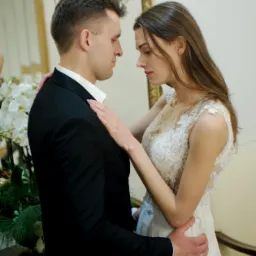 Para młoda w eleganckich strojach, on w czarnym garniturze, ona w koronkowej sukni ślubnej, obejmująca się w klasycznym wnętrzu z lustrem i kwiatami.