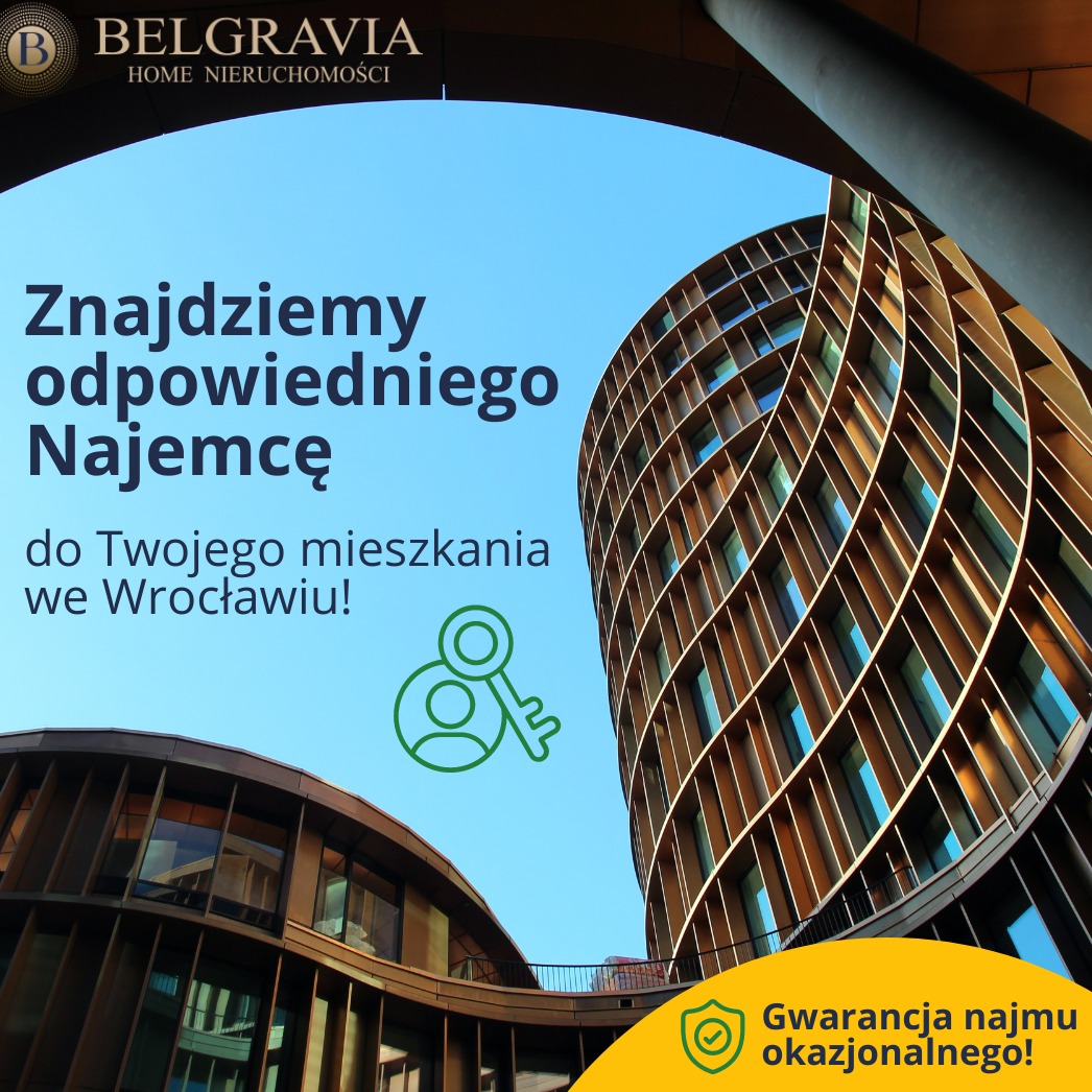 Grafika reklamowa agencji nieruchomości z budynkami o nietypowej architekturze na tle błękitnego nieba, oferującej pomoc w znalezieniu odpowiedniego najemcy we Wrocławiu, z gwarancją najmu...