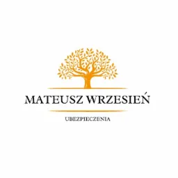 Logo firmy ubezpieczeniowej: stylizowany złoty drzewo nad nazwą 'MATEUSZ WRZESIEŃ', pod spodem napis 'UBEZPIECZENIA'.