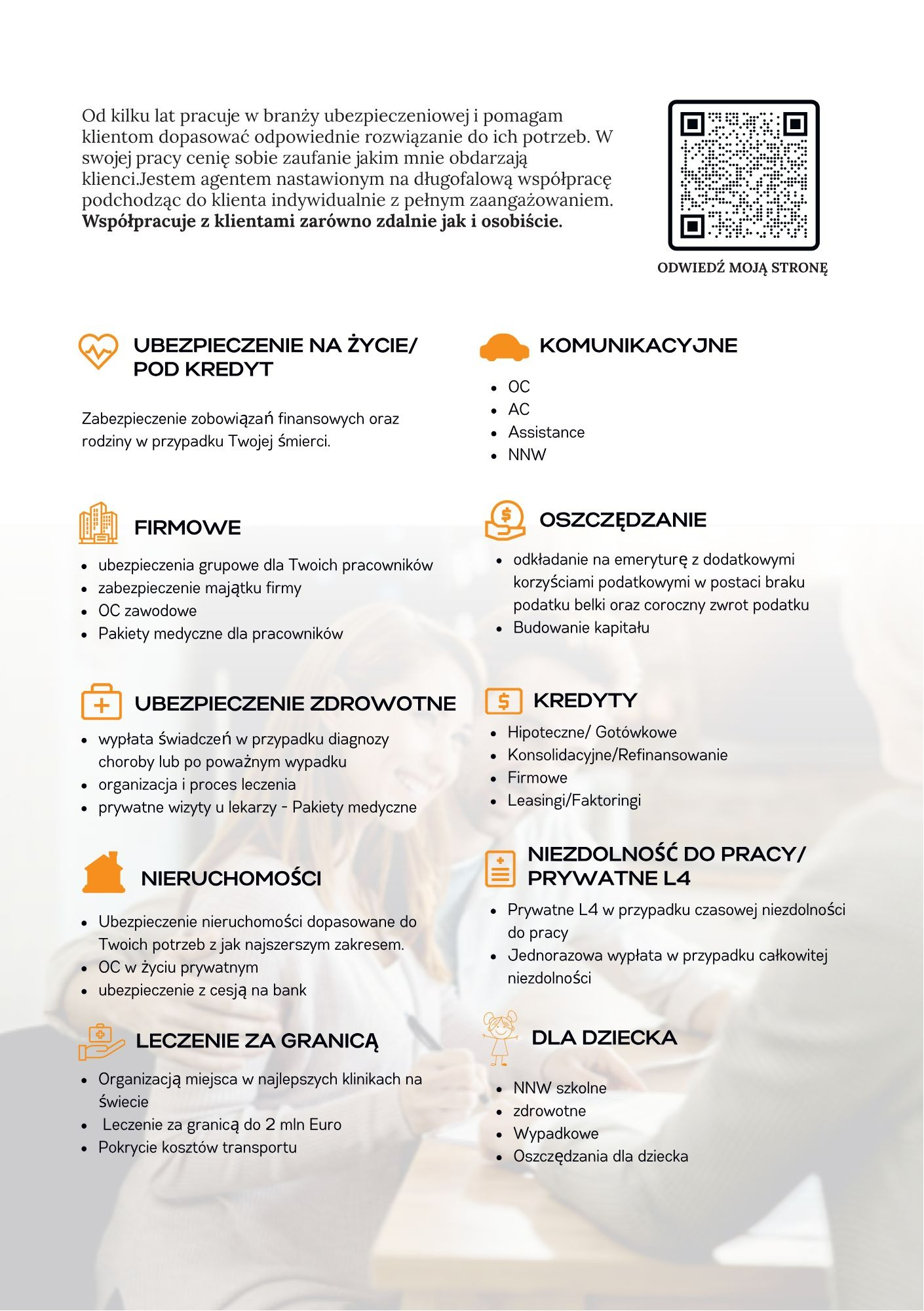 Infografika prezentująca zakres usług ubezpieczeniowych: na życie, komunikacyjne, firmowe, zdrowotne, nieruchomości, leczenie za granicą, oszczędzanie, kredyty, niezdolność do pracy i dla dzieci...