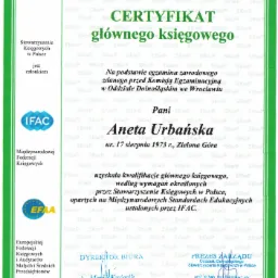 Skan certyfikatu głównego księgowego wydanego przez Stowarzyszenie Księgowych w Polsce dla Anety Urbańskiej, Wrocław, 2 grudnia 2014 r., z podpisami Dyrektora Biura i Prezesa Zarządu.