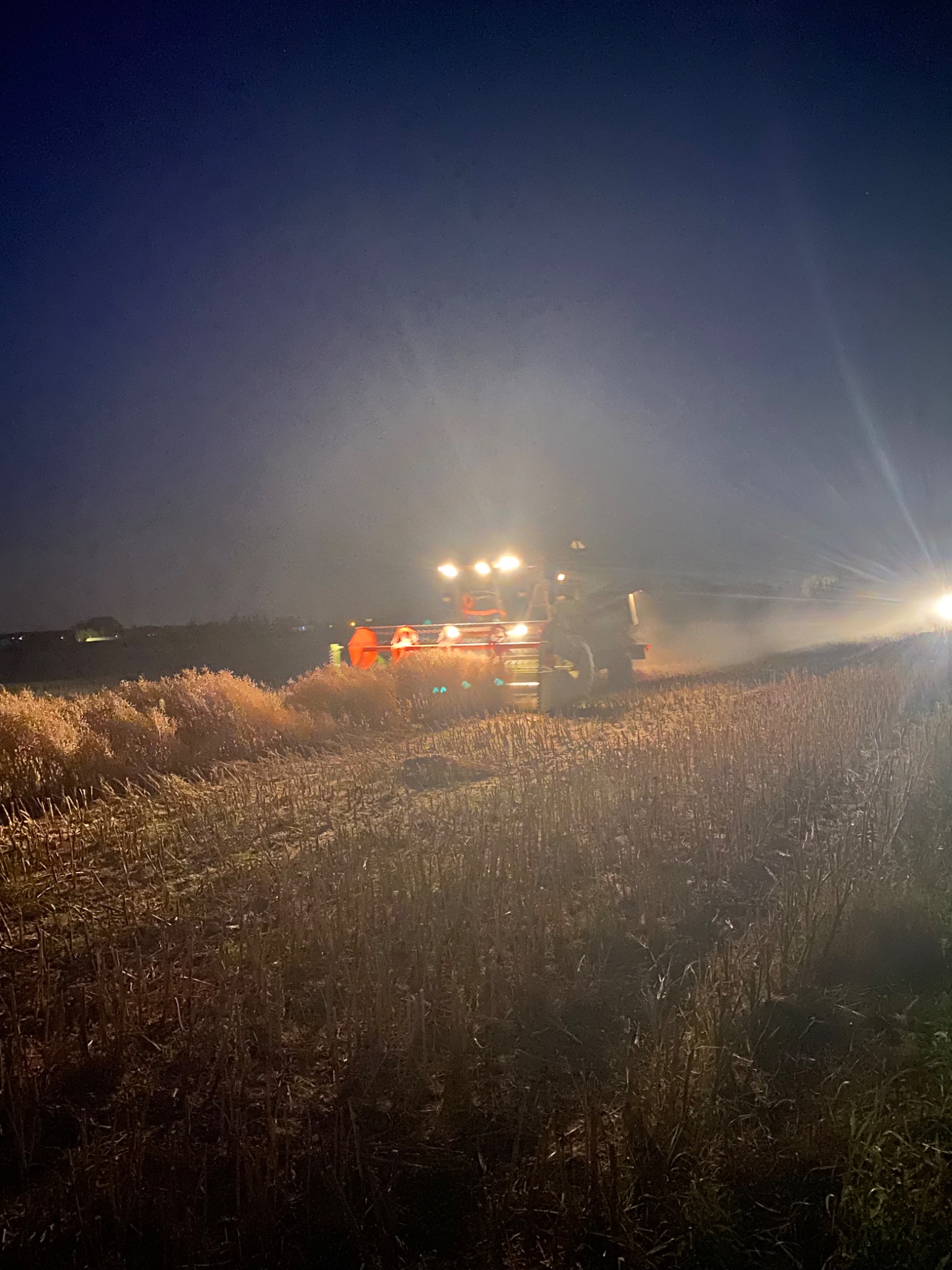 Kombajn zbożowy w trakcie nocnych żniw, oświetlony reflektorami, pole po skoszeniu w tle.