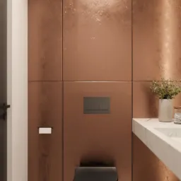 Nowoczesna łazienka z miedzianymi panelami ściennymi, podwieszaną czarną toaletą i umywalką z marmurowym blatem, minimalistyczny styl.