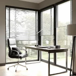 Nowoczesne biuro domowe z dużym oknem i żaluzjami, czarne skórzane krzesło biurowe, minimalistyczne biurko z laptopem i lampką, jasna drewniana podłoga.