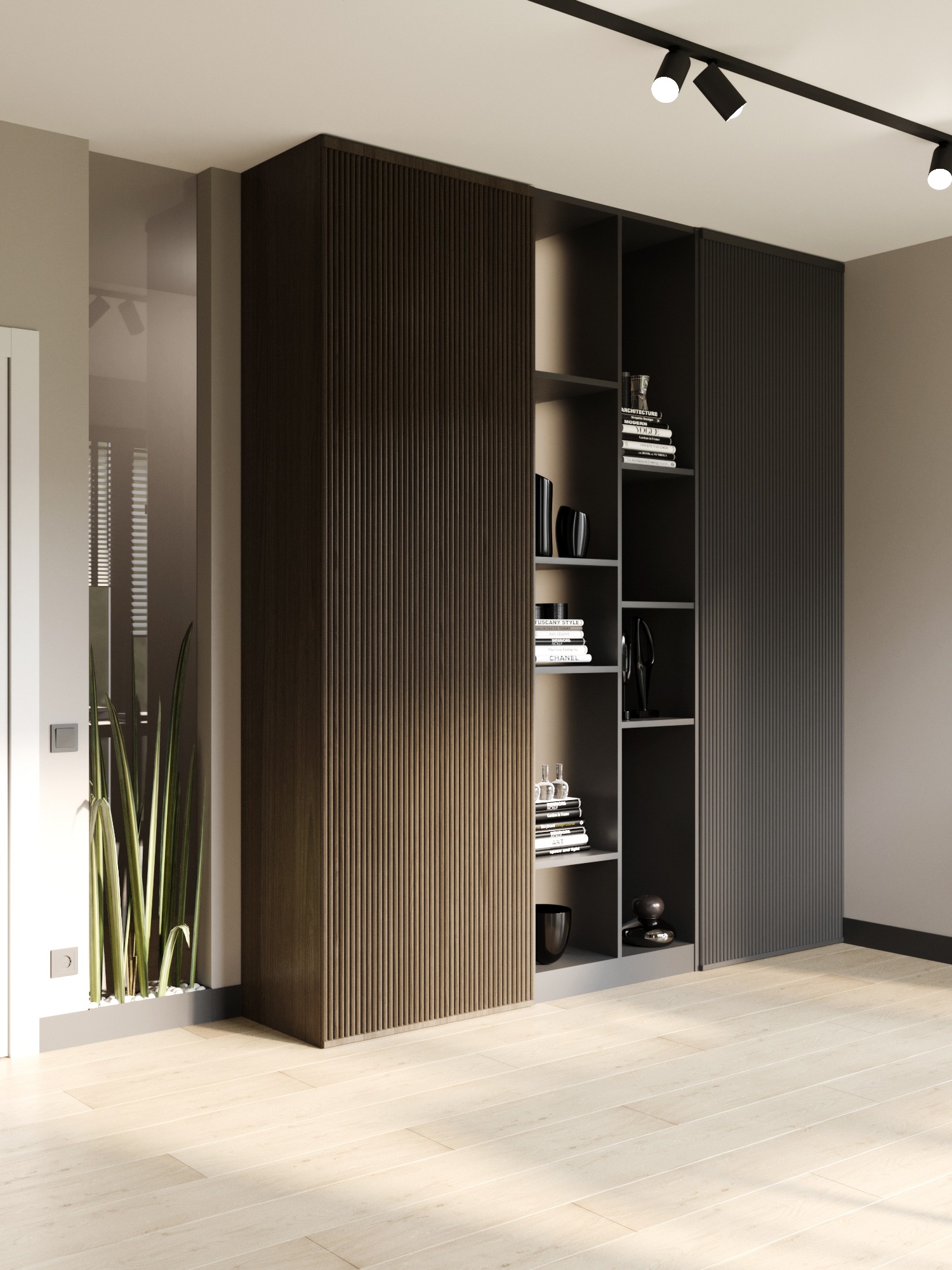 Nowoczesna szafa wnękowa z ryflowanymi frontami i otwartymi półkami, oświetlenie punktowe sufitowe, minimalistyczne dodatki i jasna podłoga.