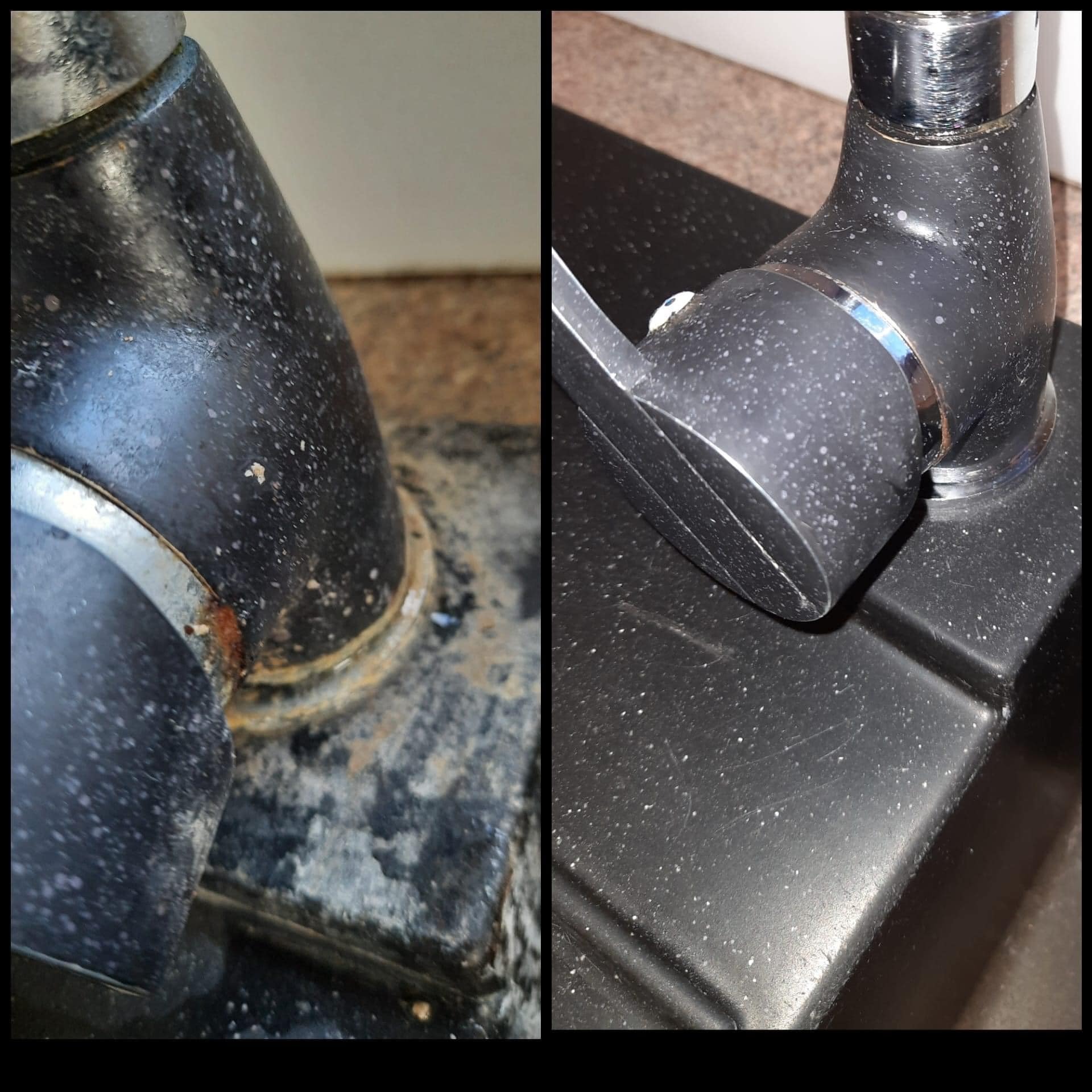 Porównanie baterii kuchennej przed i po czyszczeniu: po lewej stronie silny osad i rdzawy nalot, po prawej bateria czysta z widocznymi śladami wody.