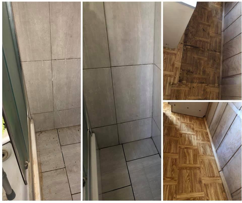 Porównanie stanu podłogi i płytek w łazience przed i po czyszczeniu, widoczne zacieki i brud przed, czyste powierzchnie po.