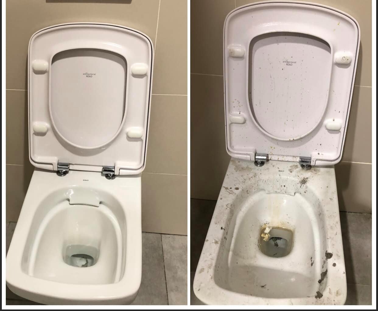 Porównanie toalety przed i po czyszczeniu: po lewej czysta, biała muszla z otwartą klapą, po prawej silnie zabrudzona toaleta z otwartą klapą, widoczne zacieki i osady.