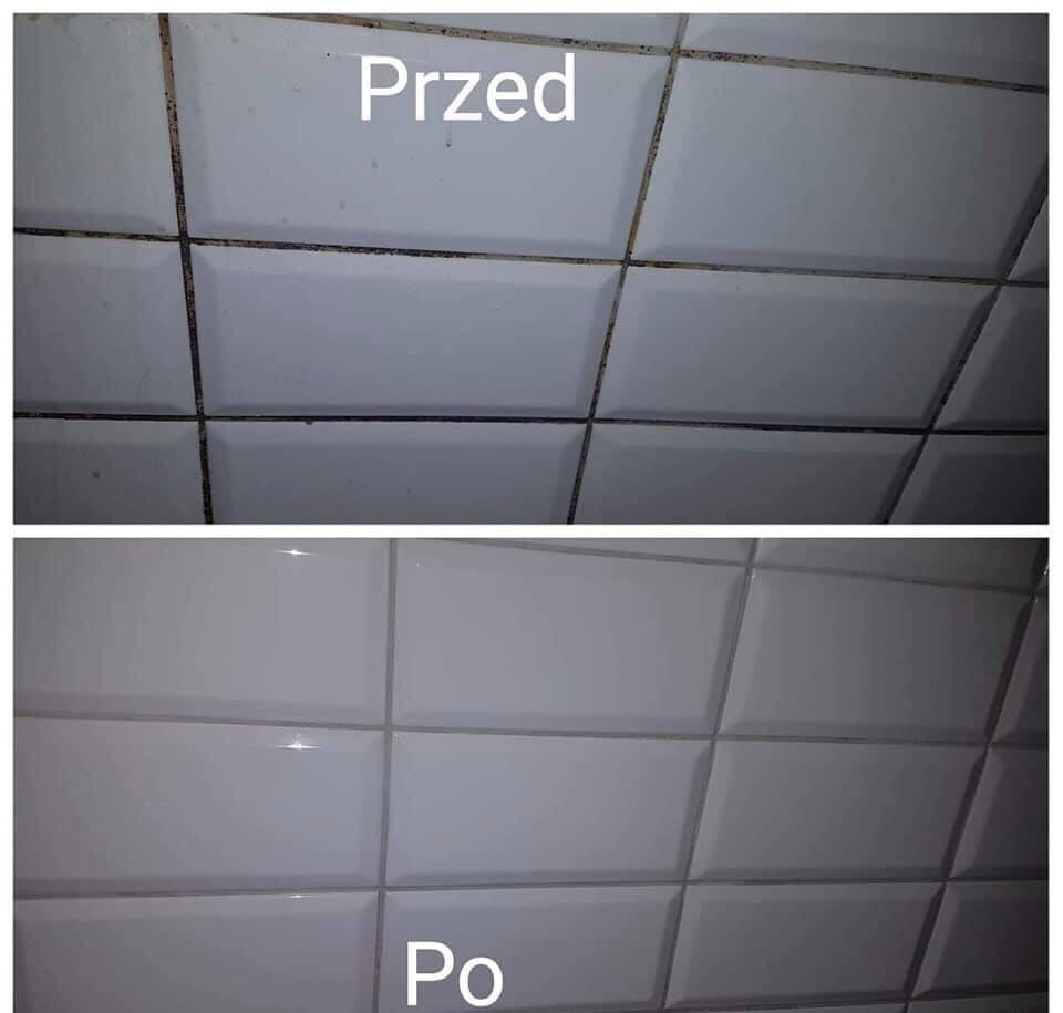 Zdjęcie 'przed i po' czyszczenia białych płytek z ciemnymi fugami w Orzeszu, ukazujące wyraźną różnicę w czystości fug.