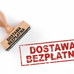Stempel z drewnianą rączką i napisem 'DOSTAWA BEZPŁATNA' oraz odbicie tego stempla w czerwonej ramce na białym tle.