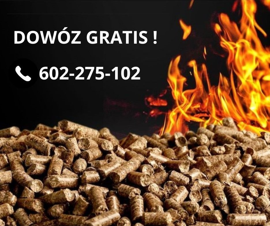 Reklamowe ujęcie pelletu z Iławy z napisem 'Dowóz gratis!' i numerem telefonu na tle płomieni.