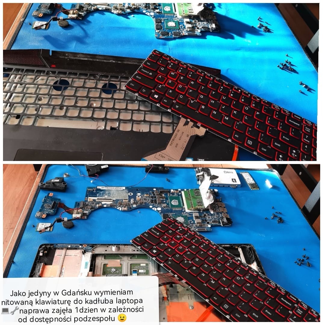 Rozłożony laptop na niebieskiej macie: puste gniazdo klawiatury, płyta główna, odłączona klawiatura z czerwonym podświetleniem, elementy elektroniczne i śrubki.