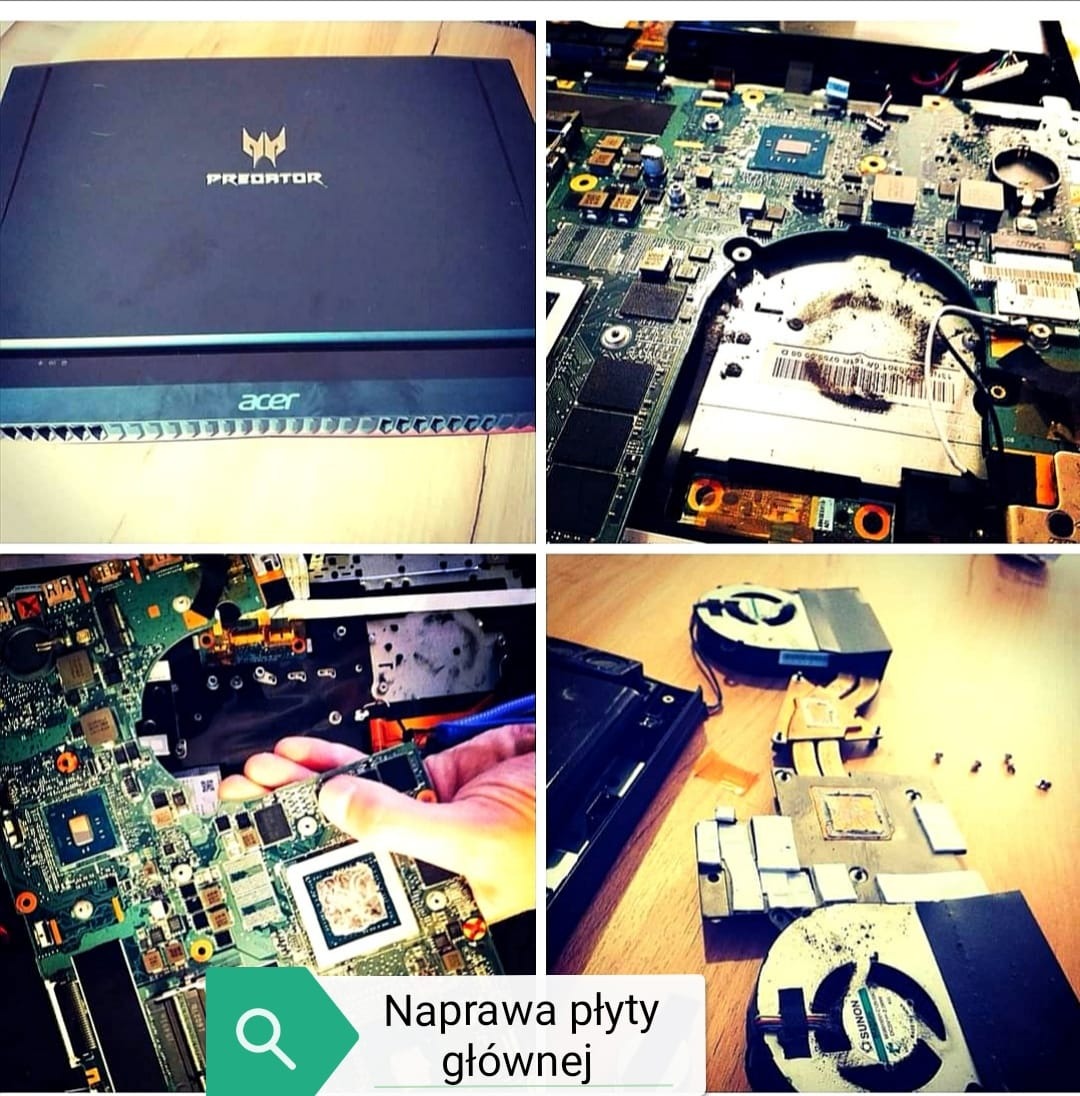 Czteropanelowe ujęcie: zamknięty laptop Acer Predator, wnętrze laptopa z widoczną płytą główną i dyskiem, zbliżenie na płytę główną naprawianą przez rękę w rękawiczce, oraz zdemontowany układ...