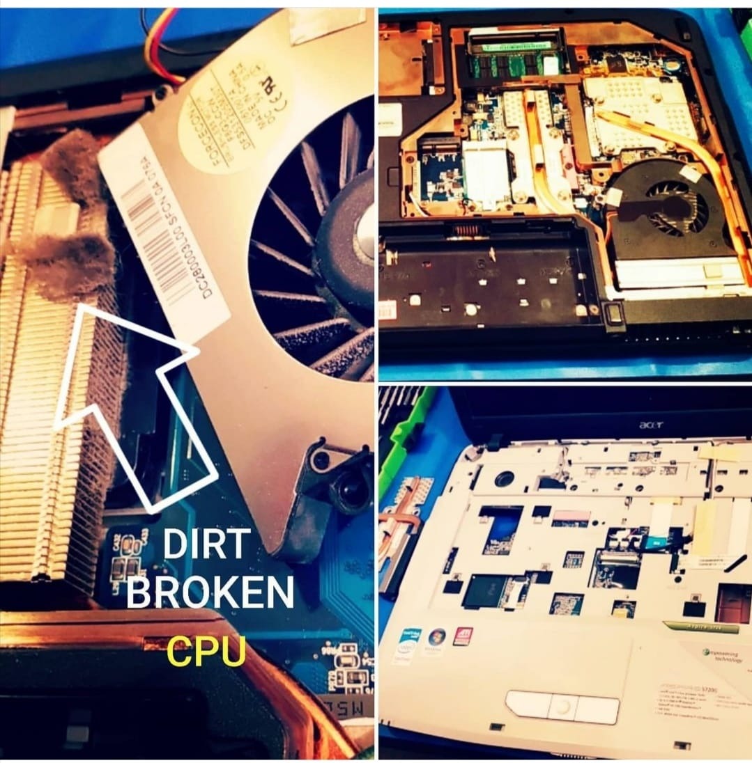 Wnętrze otwartego laptopa w trakcie diagnozy, widoczne zakurzone elementy chłodzenia procesora, wentylator i płyta główna w zbliżeniu, obok widok rozłożonej obudowy z widocznym wnętrzem.
