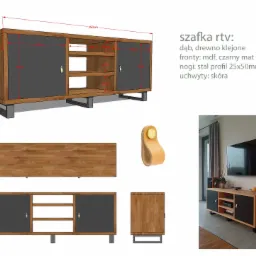 Szafka RTV z dębu klejonego z czarnymi matowymi frontami z MDF, stalowymi nogami i skórzanymi uchwytami, widoczna w różnych ujęciach, w tym z wymiarami i w aranżacji wnętrza.
