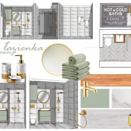 Moodboard koncepcyjny małej łazienki z wizualizacjami 3D, planem i paletą kolorystyczną z akcentami złota i zieleni. Widoczne płytki imitujące marmur, armatura w kolorze złota, zielone szafki...
