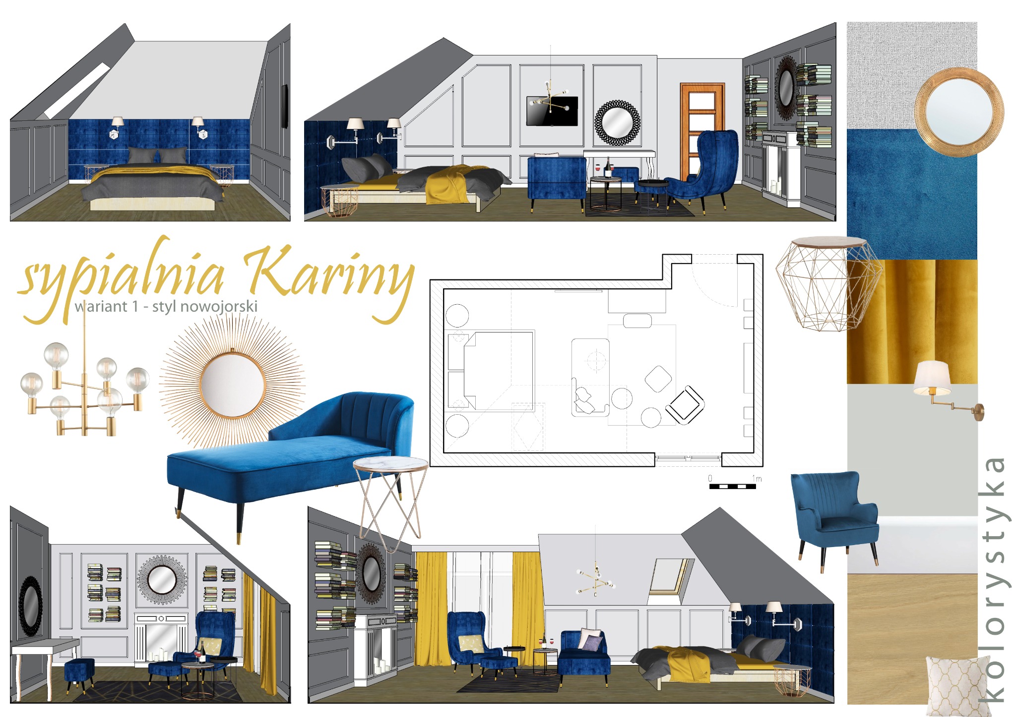 Moodboard prezentujący wizualizacje sypialni w stylu nowojorskim, z elementami planu pomieszczenia, palety kolorystycznej i wybranymi meblami oraz oświetleniem.