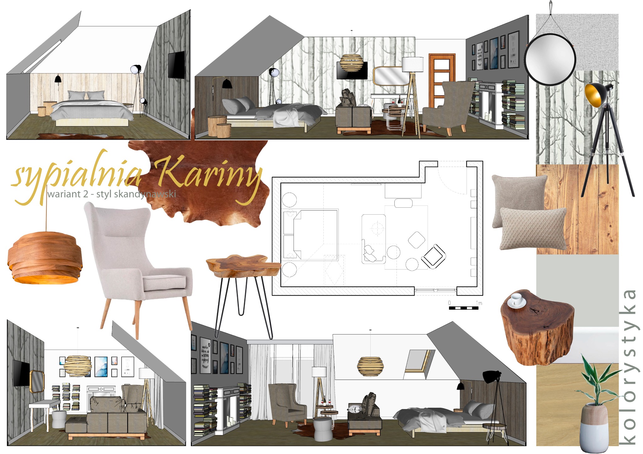 Moodboard prezentujący projekt sypialni w stylu skandynawskim, zawierający wizualizacje 3D pokoju z łóżkiem pod skosem, aranżacją ściany z drewnianymi panelami, plan pomieszczenia, propozycje mebli...