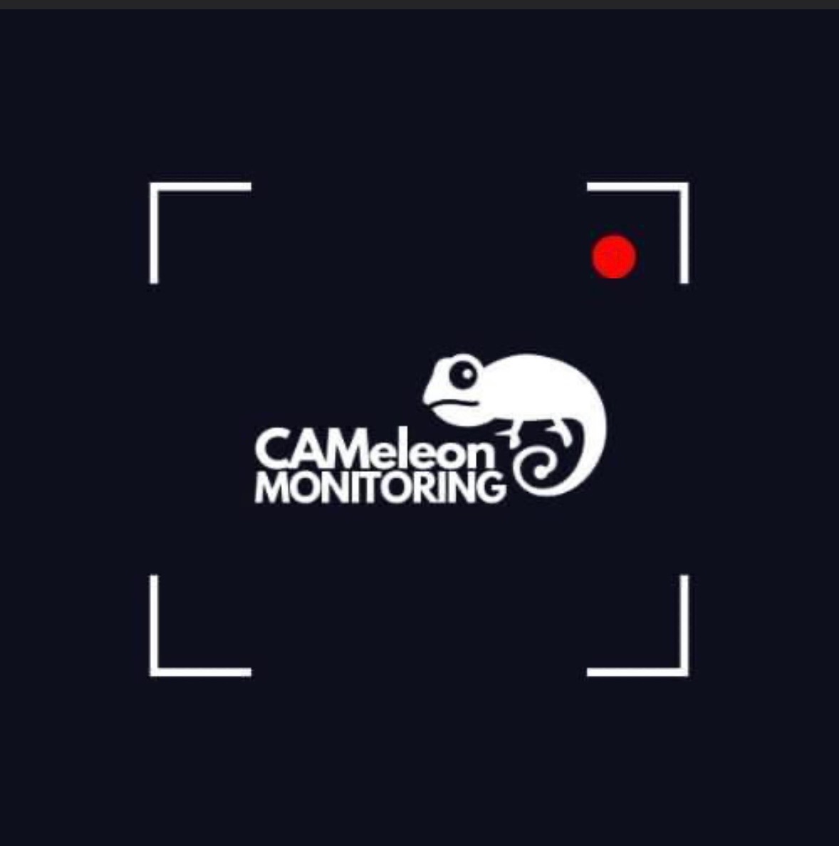 Logo firmy Chameleon Monitoring z białym kameleonem i czerwonym punktem w narożniku, stylizowane na podgląd z kamery.