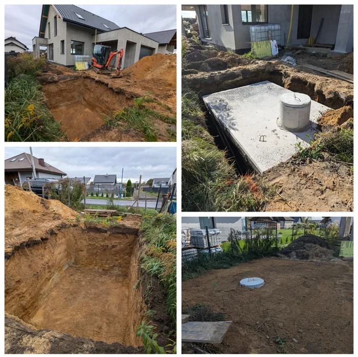 Montaż betonowego zbiornika; wykopany dół w ziemi, częściowo zakopana betonowa płyta z włazem, koparka w tle, teren budowy.