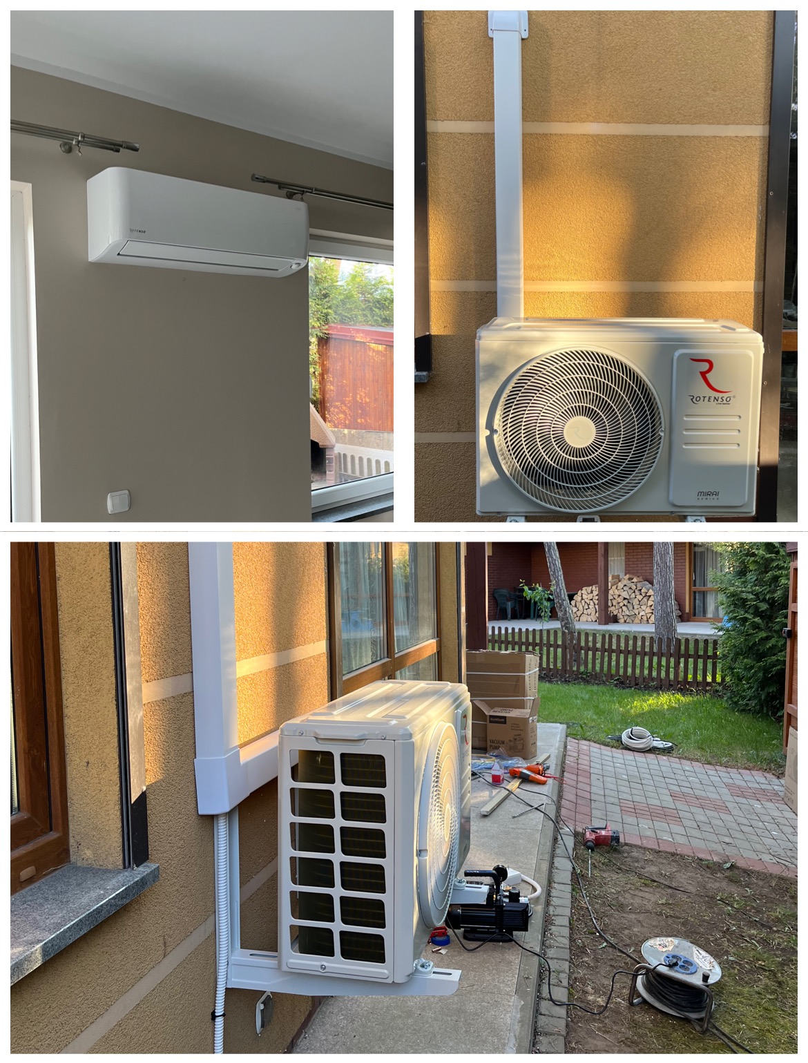 Montaż klimatyzacji: jednostka wewnętrzna na ścianie wewnątrz domu i zewnętrzna na elewacji, widoczne narzędzia i pompa próżniowa podczas instalacji.