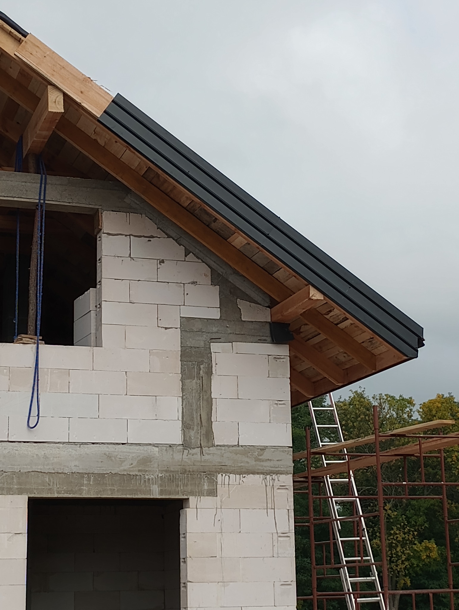 Surowy stan budowy domu z widoczną więźbą dachową i fragmentem czarnego pokrycia dachowego na krawędzi dachu. W tle rusztowanie i zieleń.