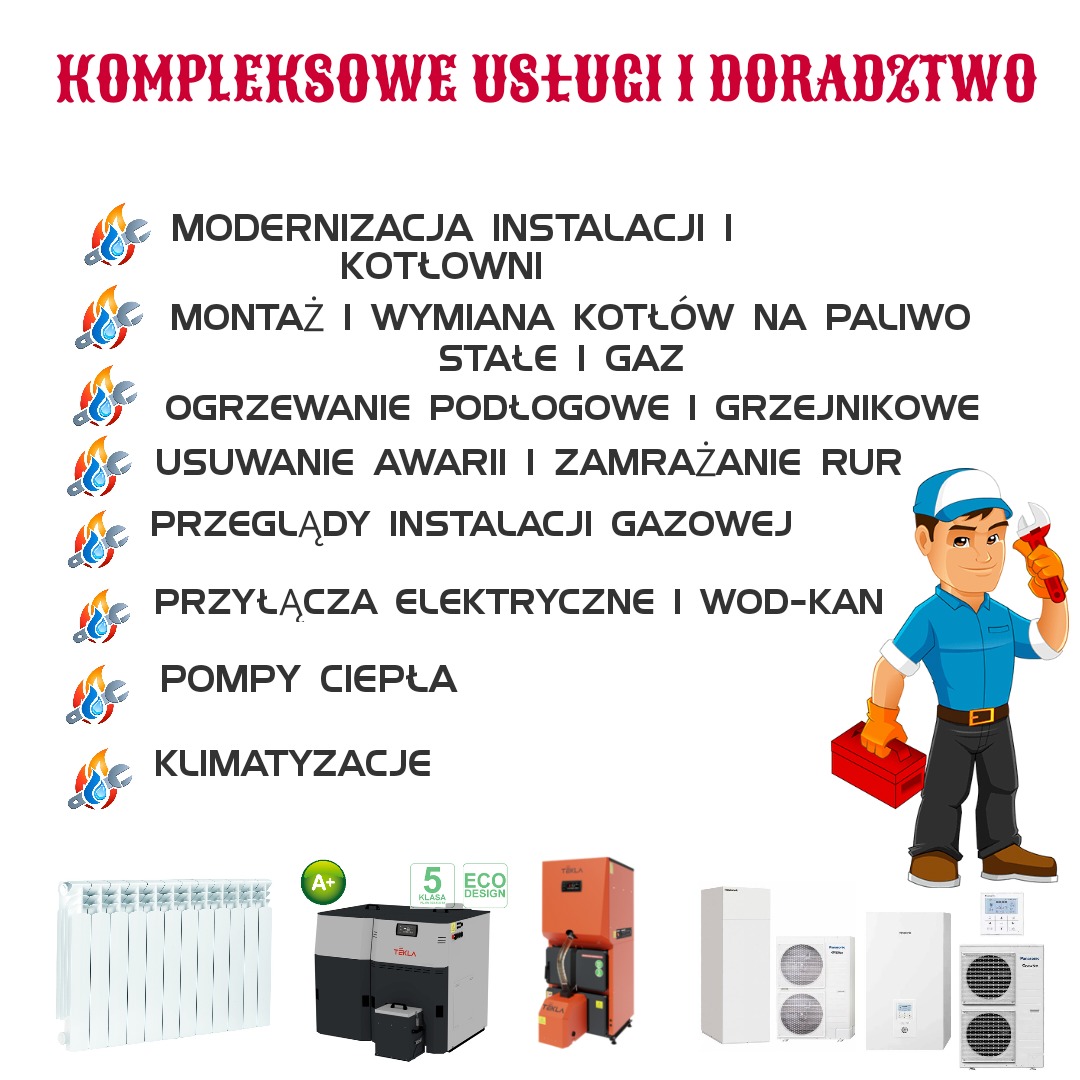 Ilustracja przedstawiająca kompleksowe usługi instalacyjne i doradztwo, w tym modernizację kotłowni, montaż kotłów na paliwo stałe i gaz, ogrzewanie podłogowe, usuwanie awarii rur, przeglądy...