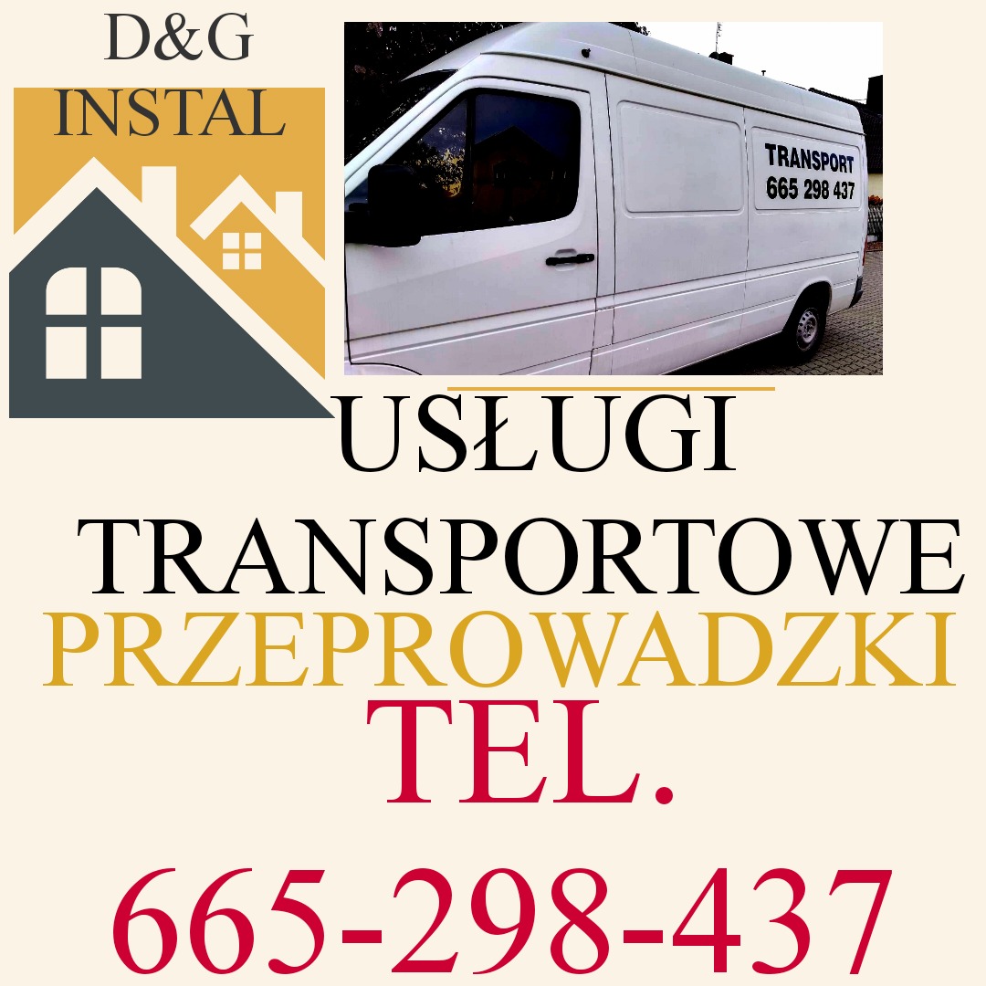 Ogłoszenie usług transportowych i przeprowadzkowych z logo firmy D&G Instal, prezentujące biały bus z napisem 'TRANSPORT 665 298 437'.