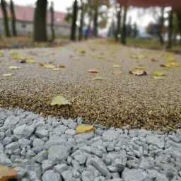 Ścieżka w parku z nawierzchnią z drobnych kamyczków i szarych kamieni, pokryta opadłymi żółtymi liśćmi, perspektywa z dołu.