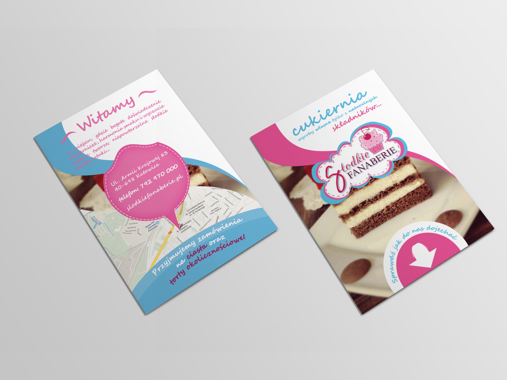 Dwa foldery reklamowe cukierni, z widocznym adresem, mapą dojazdu i zdjęciem tortu.