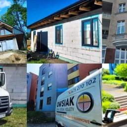 Owsiak Patryk Okna - Kompozycja zdjęć przedstawiająca różne etapy montażu i gotowe realizacje stolarki okiennej i drzwiowej, w tym dom z dużymi przeszkleniami w otoczeniu drzew, budynek w trakcie budowy z zamontowanymi...