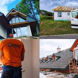 Owsiak Patryk Okna - Montaż stolarki okiennej i drzwiowej w różnych budynkach, widoczny pracownik w pomarańczowej koszulce z logo firmy, budynek w trakcie budowy z zamontowanymi oknami, oraz samochód dostawczy firmy...