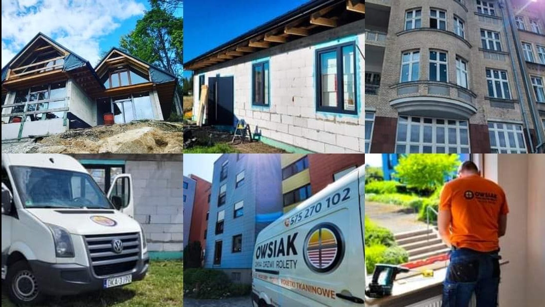 Kompozycja zdjęć przedstawiająca różne etapy montażu i gotowe realizacje stolarki okiennej i drzwiowej, w tym dom z dużymi przeszkleniami w otoczeniu drzew, budynek w trakcie budowy z zamontowanymi...