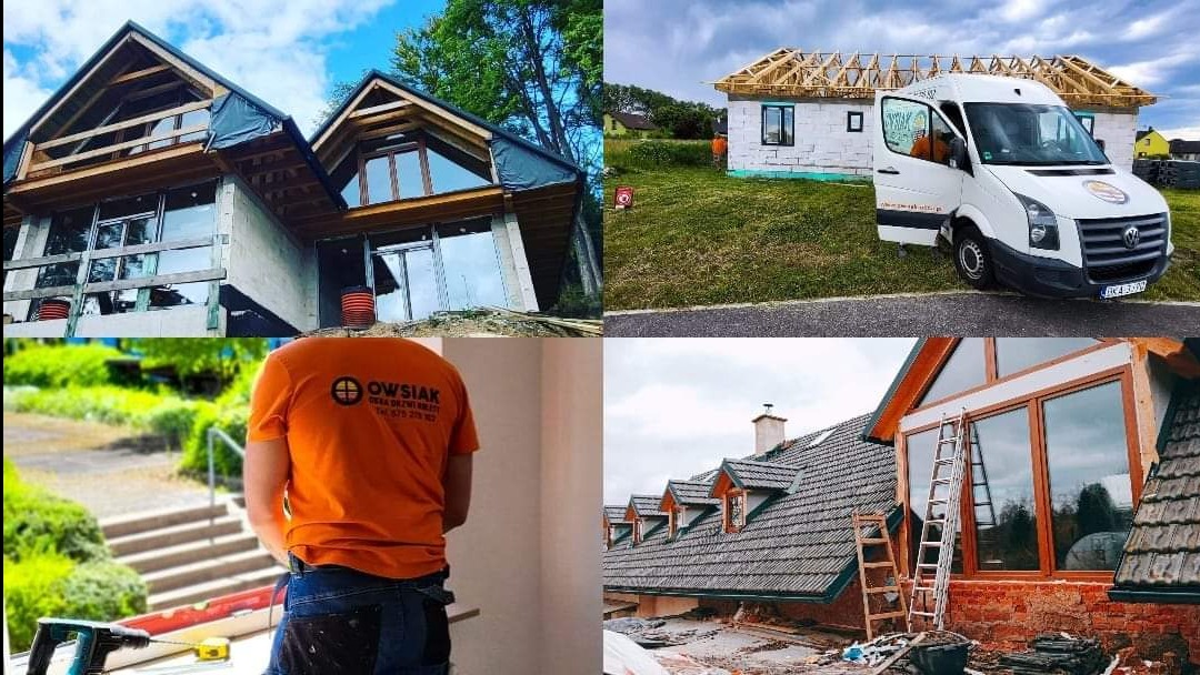 Montaż stolarki okiennej i drzwiowej w różnych budynkach, widoczny pracownik w pomarańczowej koszulce z logo firmy, budynek w trakcie budowy z zamontowanymi oknami, oraz samochód dostawczy firmy...