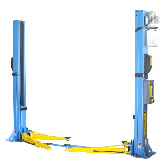 Dwukolumnowy podnośnik samochodowy w kolorach niebieskim i żółtym, bez pojazdu, widok frontalny na białym tle.