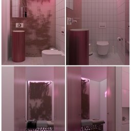 Ujęcia z toalety oraz strefy spa w projektowanym przez nas gabinecie kosmetycznym. 