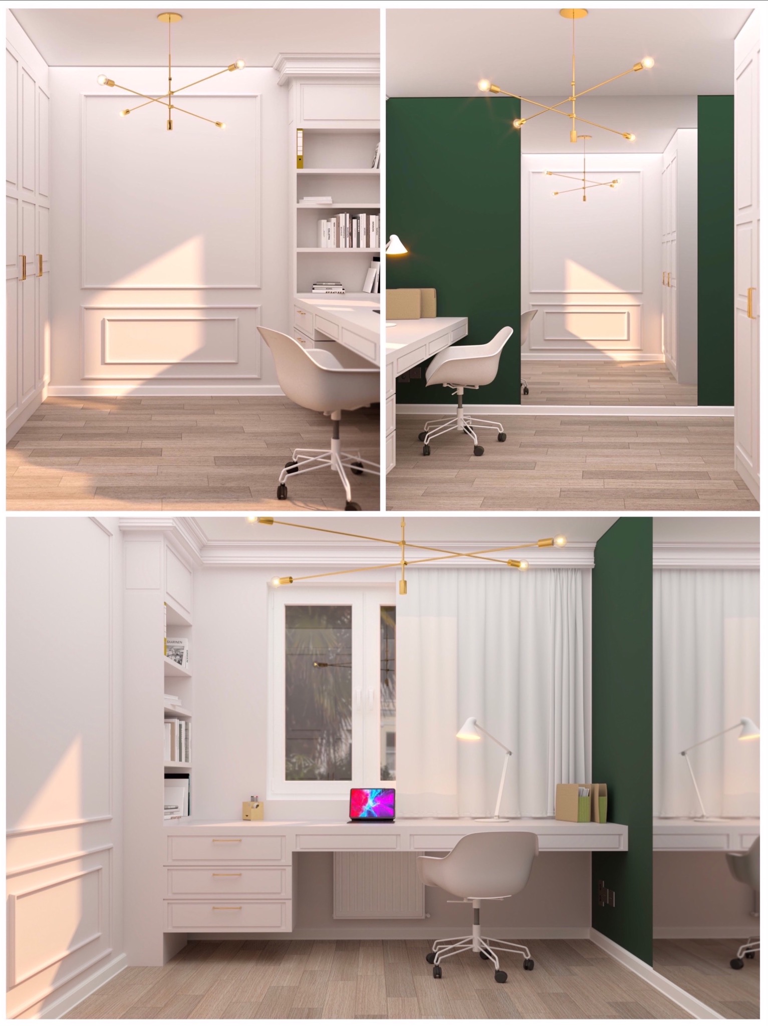 Wizualizacja jasnego gabinetu z biurkiem, krzesłem obrotowym, regałem na książki i złotą lampą sufitową, uzupełniona o zielony akcent kolorystyczny na ścianie i lustro.