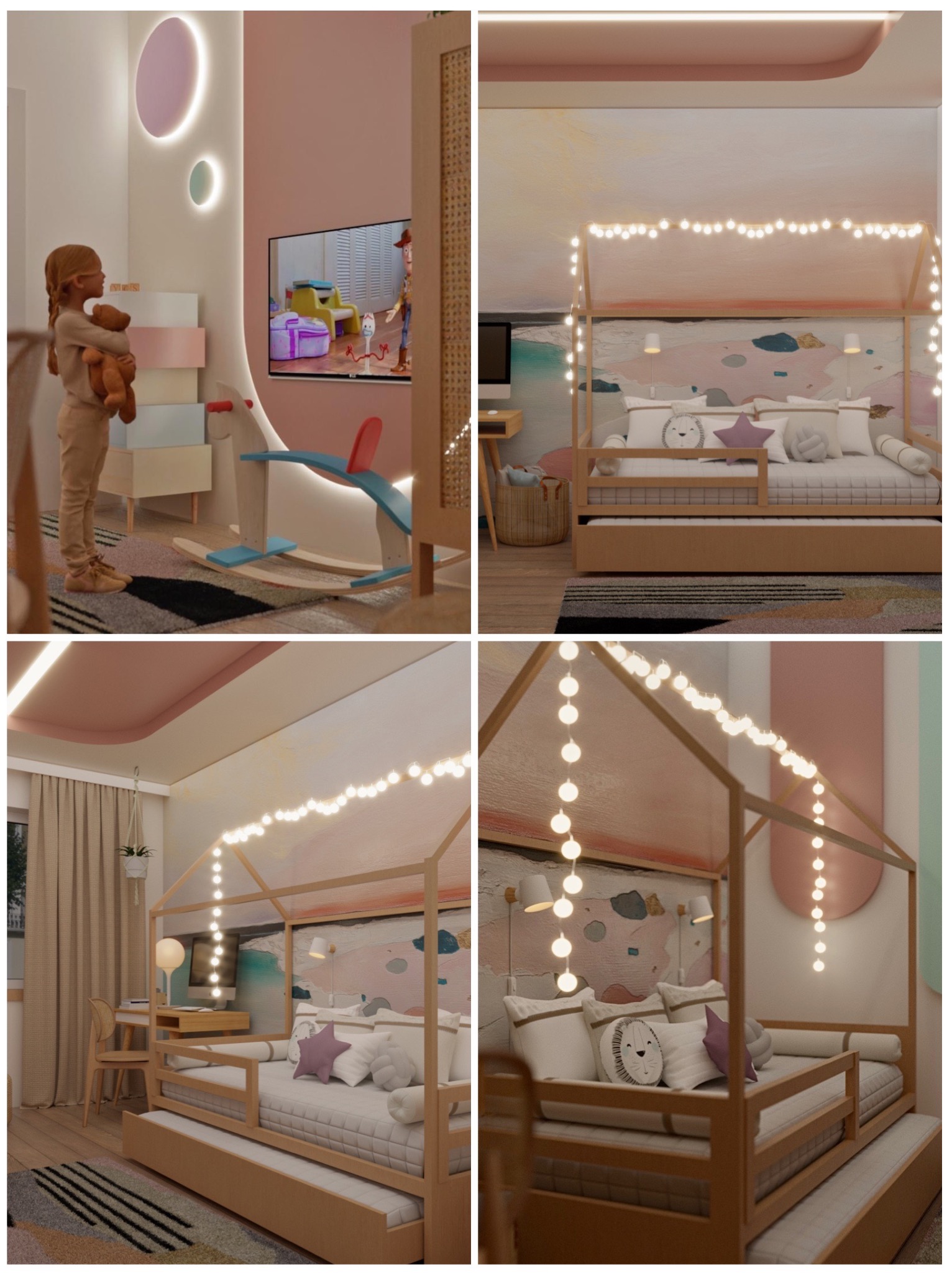 Wizualizacja pokoju dziewczynki z łóżkiem w kształcie domku z lampkami, biurkiem, telewizorem z bajką i zabawkami, utrzymana w pastelowych kolorach i nowoczesnym stylu.