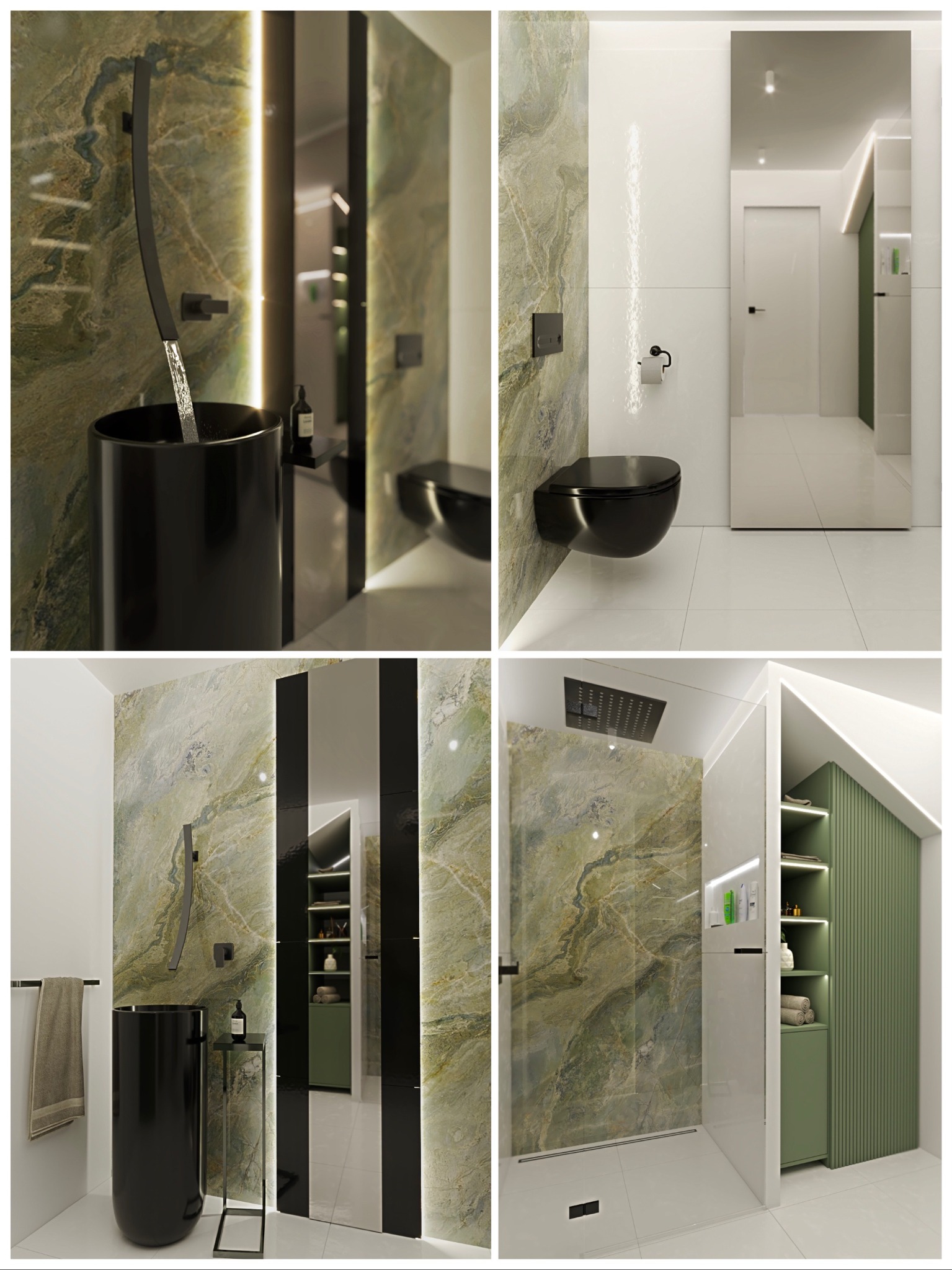 Nowoczesna łazienka z czarną, wolnostojącą umywalką z nietypową baterią, marmurową ścianą, podwieszaną toaletą i kabiną prysznicową typu walk-in, uzupełniona o szafkę w odcieniach zieleni.