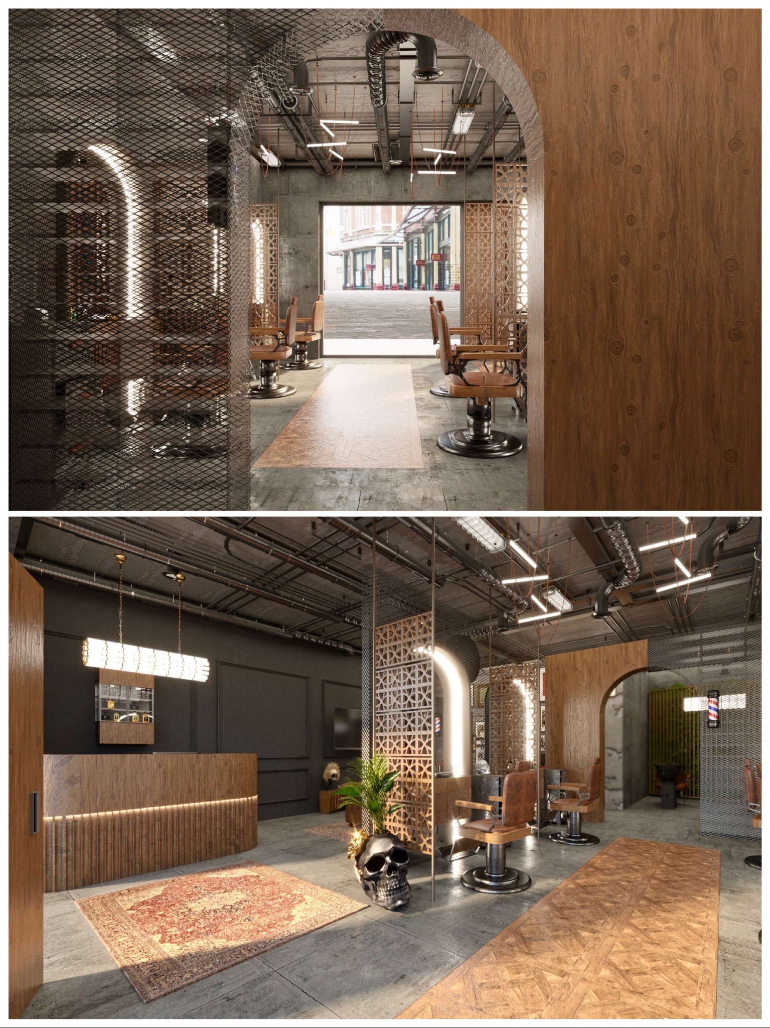 Dwa ujęcia z wnętrza BarberShopu. Zależało nam na męskim i ekskluzywnym wnętrzu.