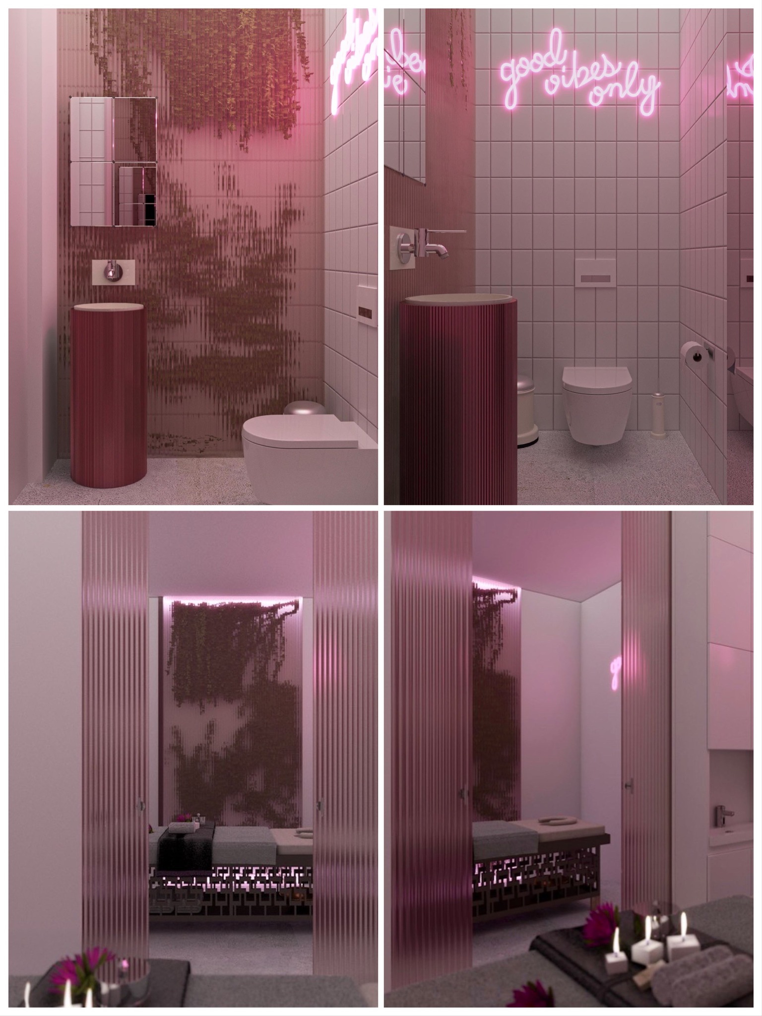 Ujęcia z toalety oraz strefy spa w projektowanym przez nas gabinecie kosmetycznym.